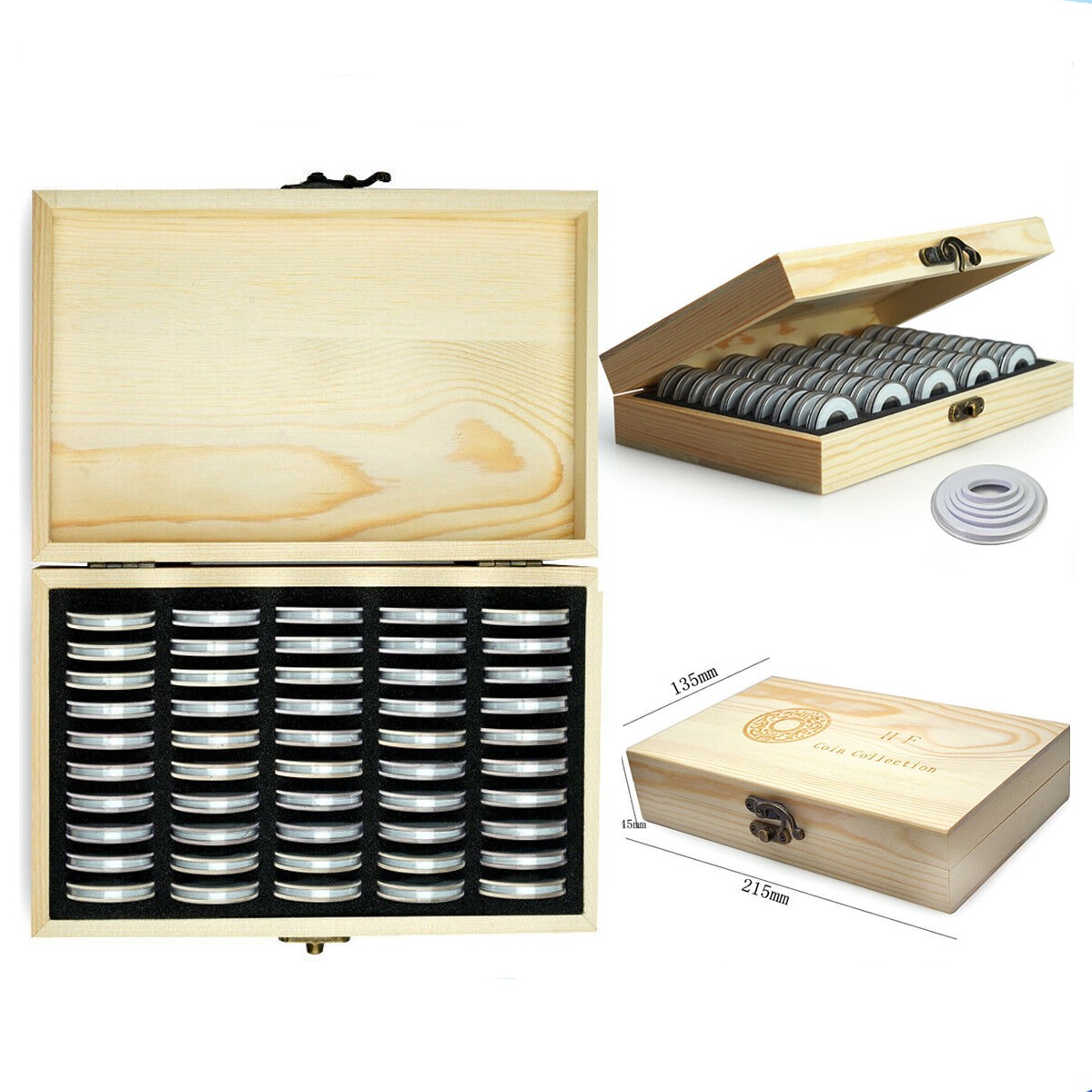 50Pcs Coins Capsule Display Holder with Wooden Storage Box Collection Coin Case