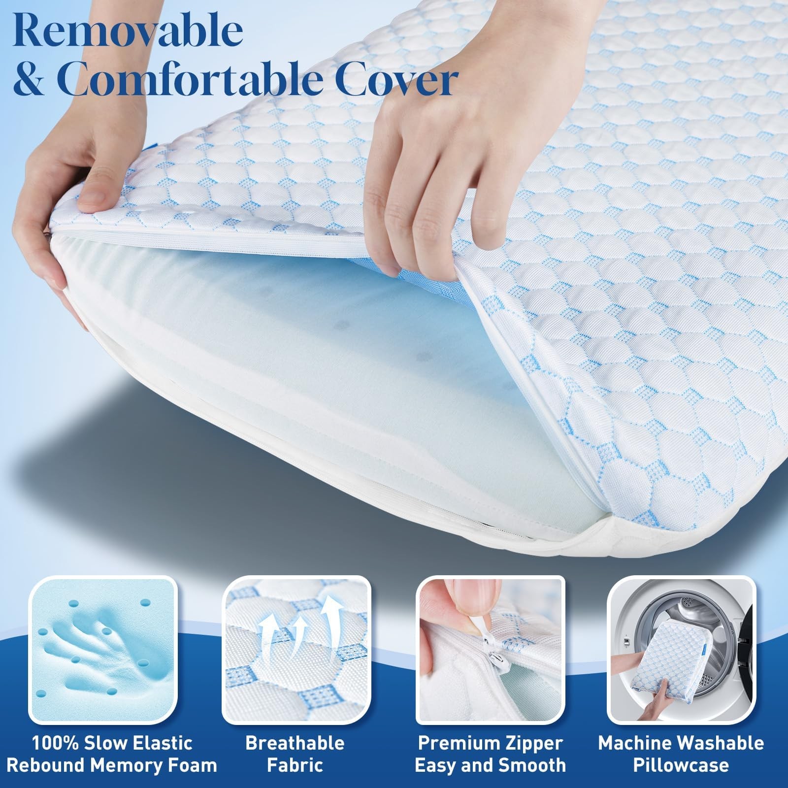 CloudBliss Thin Memory Foam Pillows, Reversible Design, 2.75", Queen