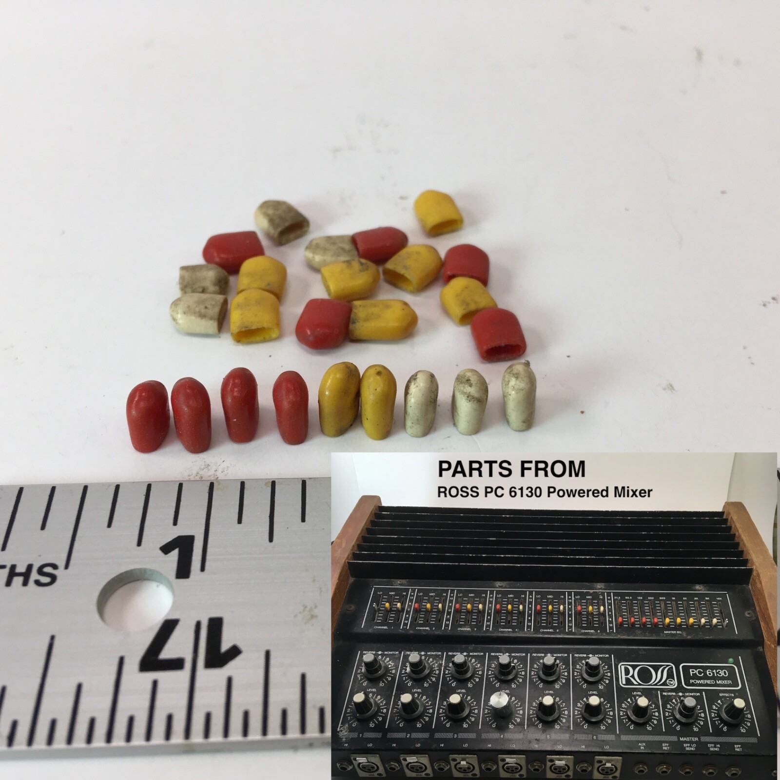 LOT 25 ROSS Fader Slider Knobs 9 red 9 yellow 7 white **vtg ROSS PC-6130 PARTS**