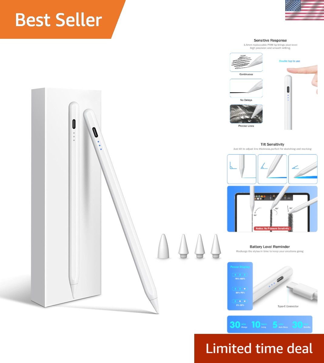 Stylus Pen for iPad 2025-2018 with Fast Charge, Tilt Sensor, Compatible with ...