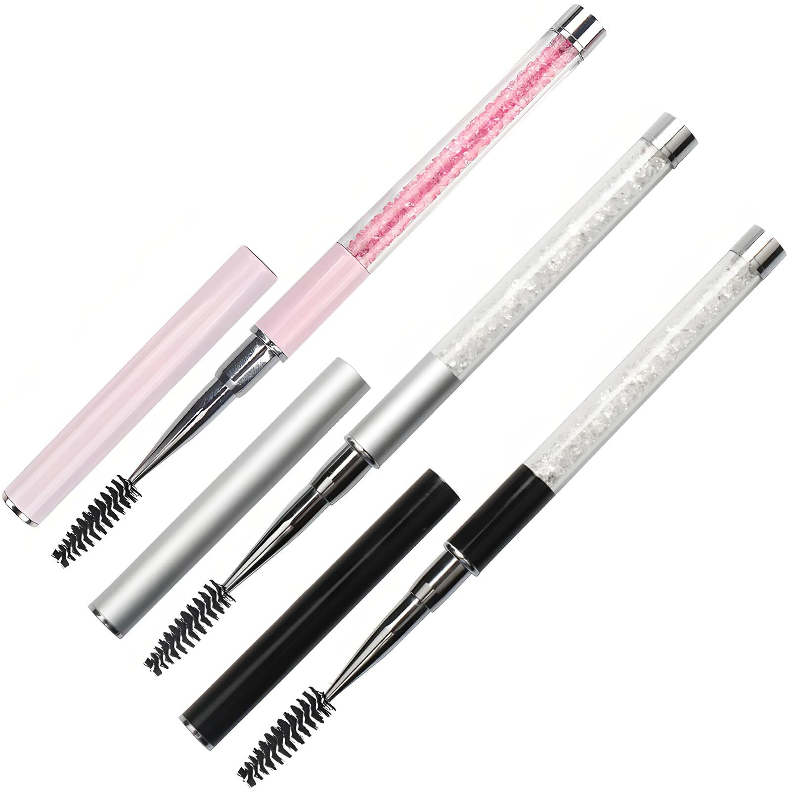 3-Piece Mascara and Eyebrow/Eyelash Brush Set with Caps Portable Cosmetic Wan...