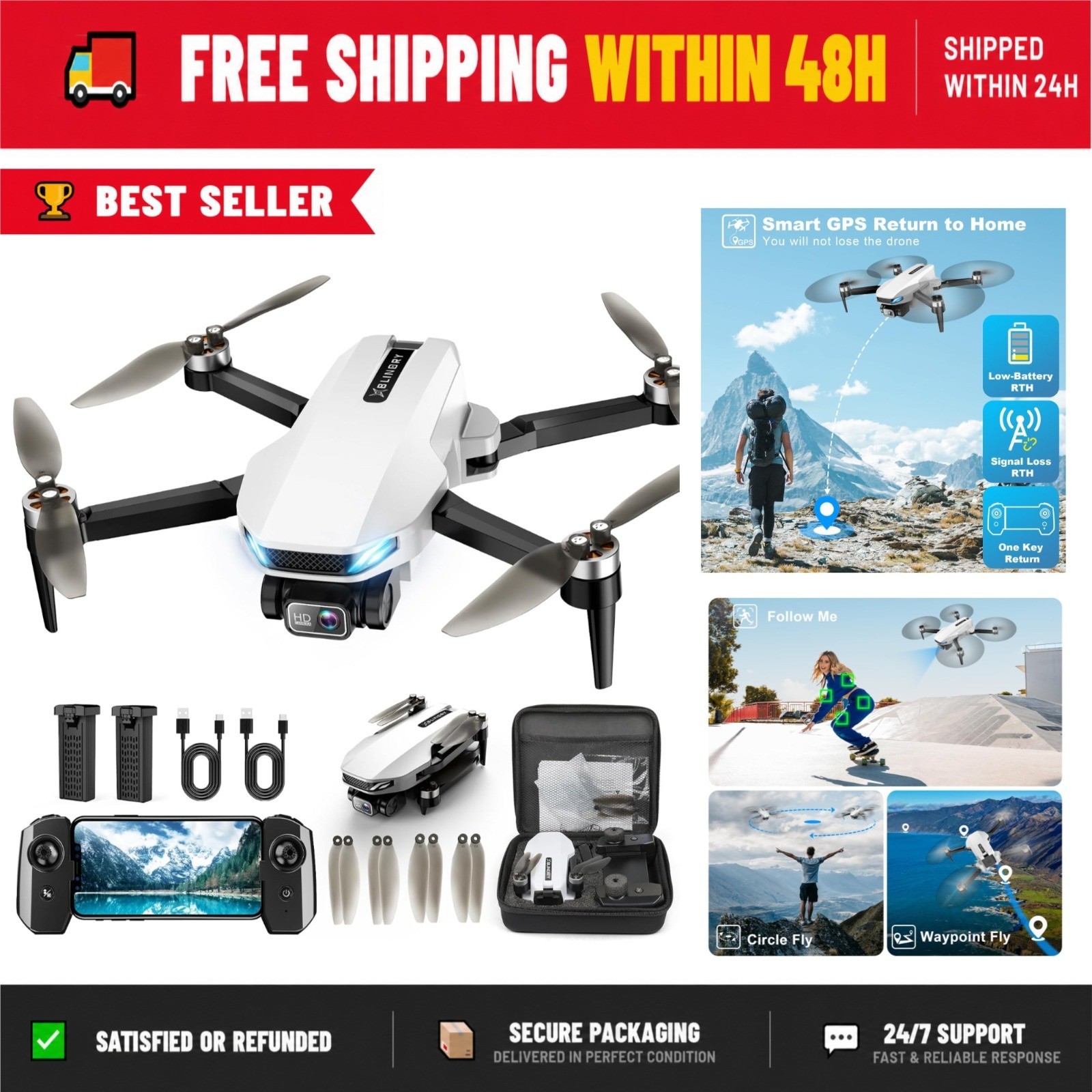 BLINORY HK55 GPS Drone with 2K Camera, Foldable Quadcopter, Auto Return
