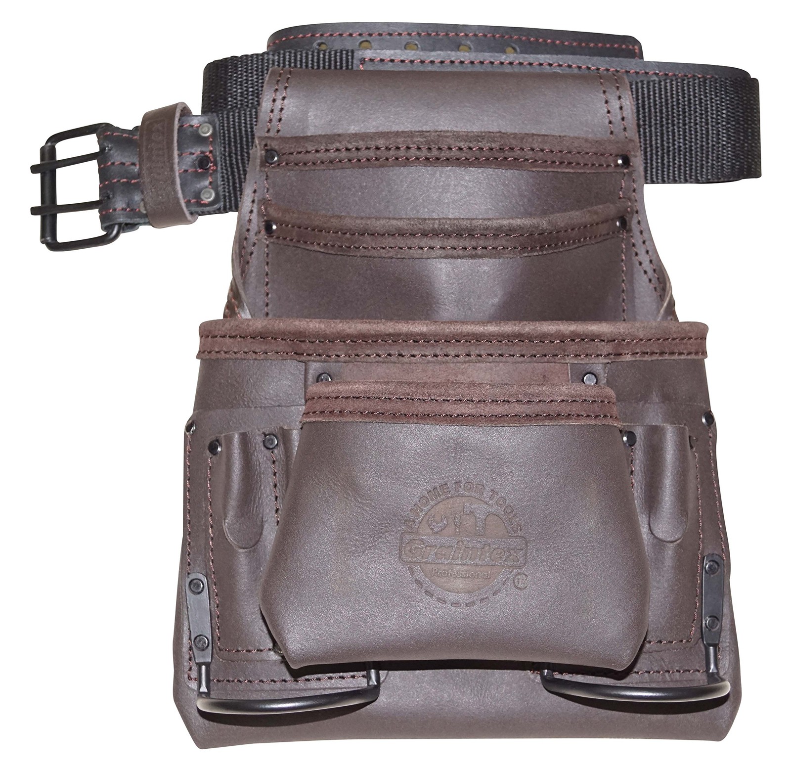 OS2253 10 Pocket Oil Tanned Leather Nail & Tool Pouch Dark Brown Color with 2...