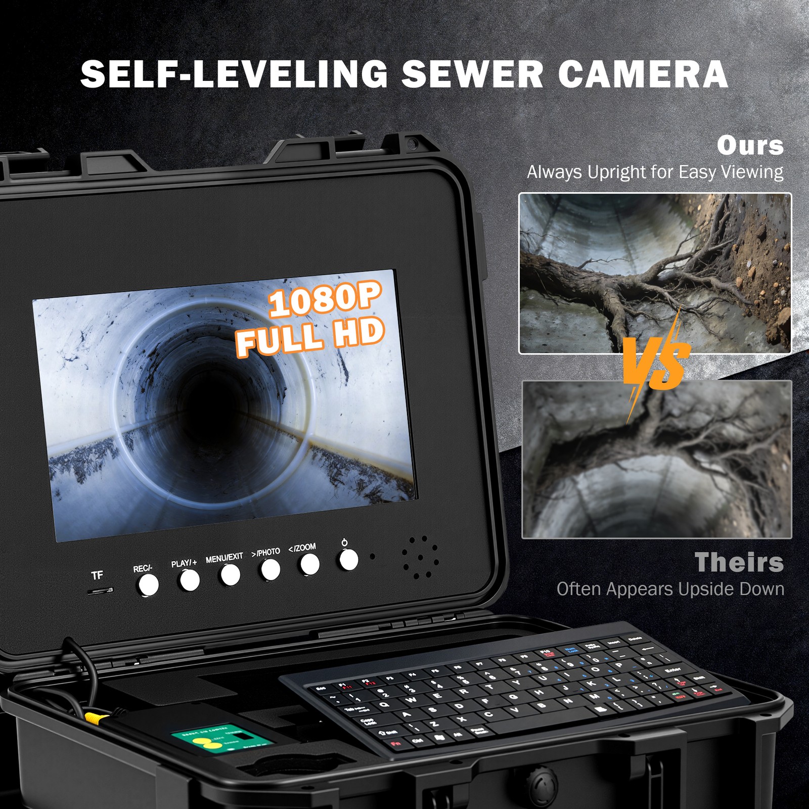 10 in. Self-Leveling Sewer Camera w 165 ft/50 m Cable Wheels Handle Locator IP68