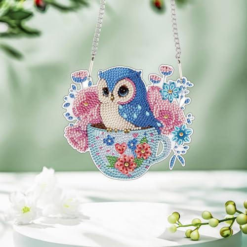 Diamond Art Painting Hanging Pendant, DIY Owl on a teacup 5D Special Shape