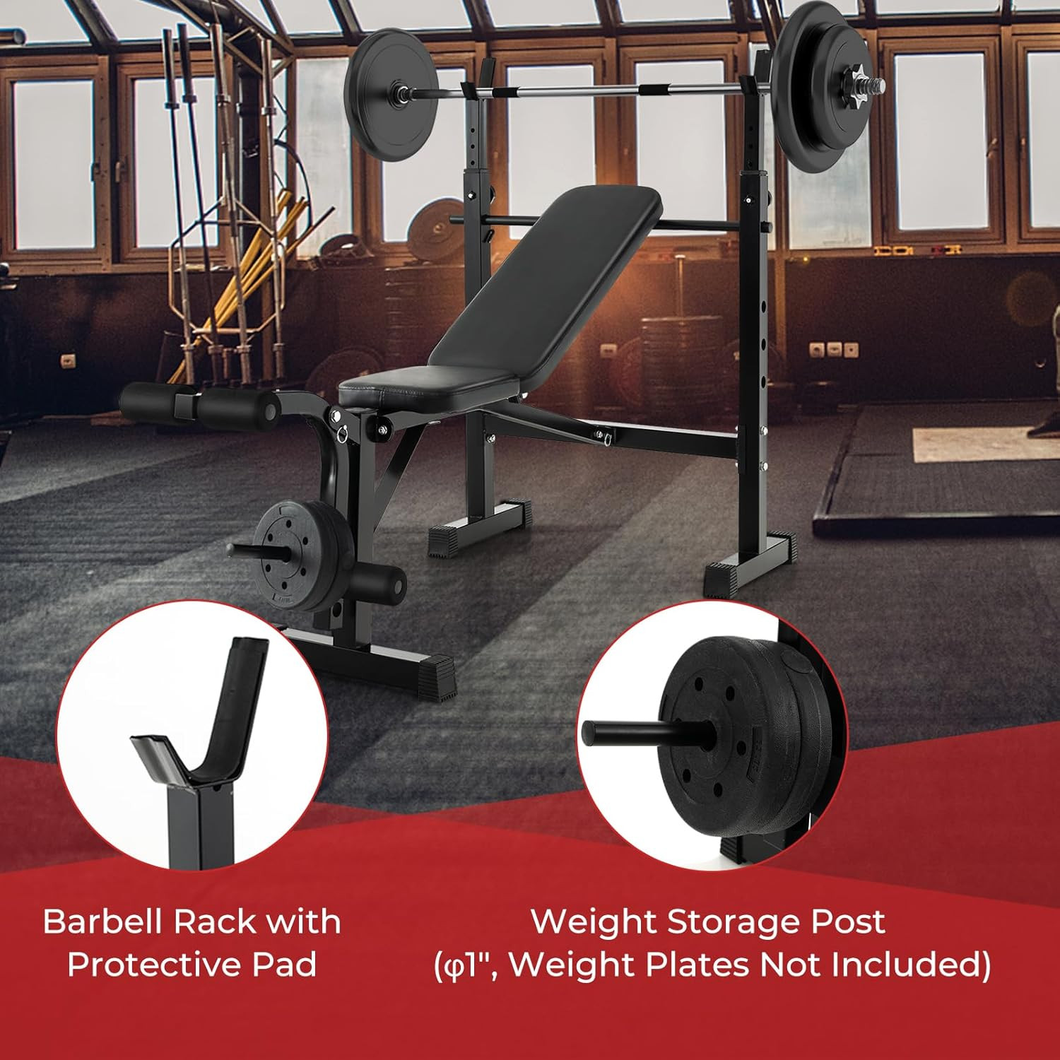 Adjustable Weight Bench, Foldable Weight Bench with Squat Racks, Leg Extension &