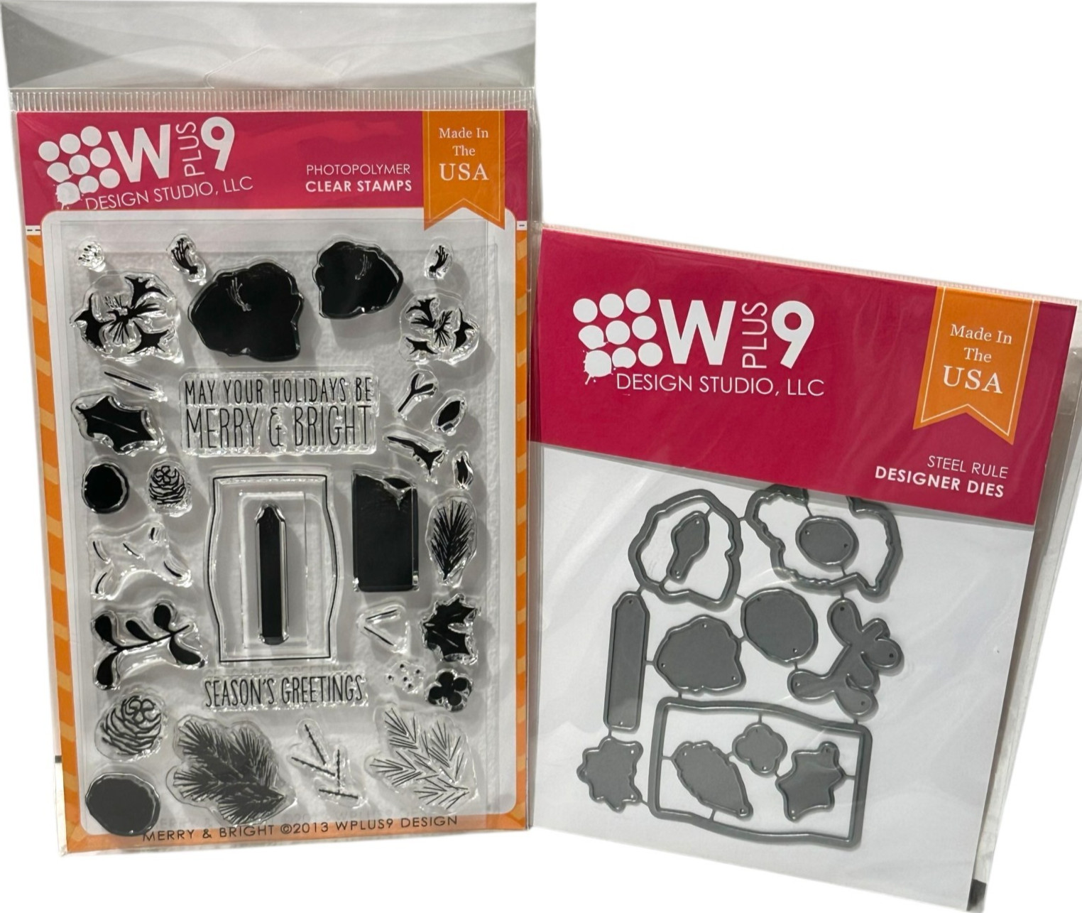 W Plus 9 Merry Bright Holiday Stamp Set Coordinating Retired Dies Candle Foliage
