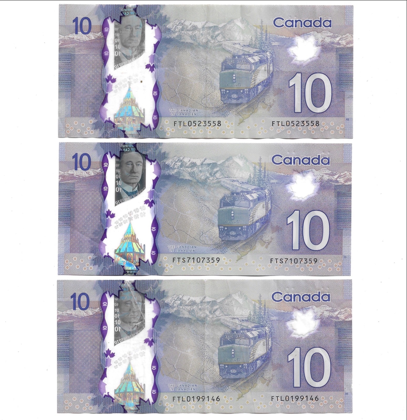 3 X 2013 John Macdonald Canada $10 Train! Polymer Banknotes Circulated Canadian!