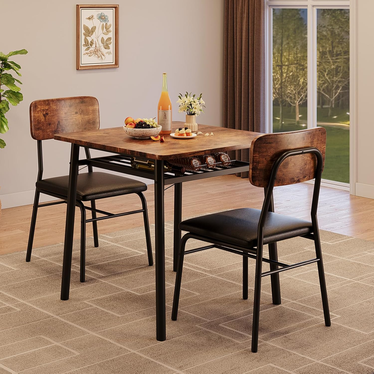 Dining Table for 2 with Storage Rack, Small Kitchen Table for 2 with Metal Frame