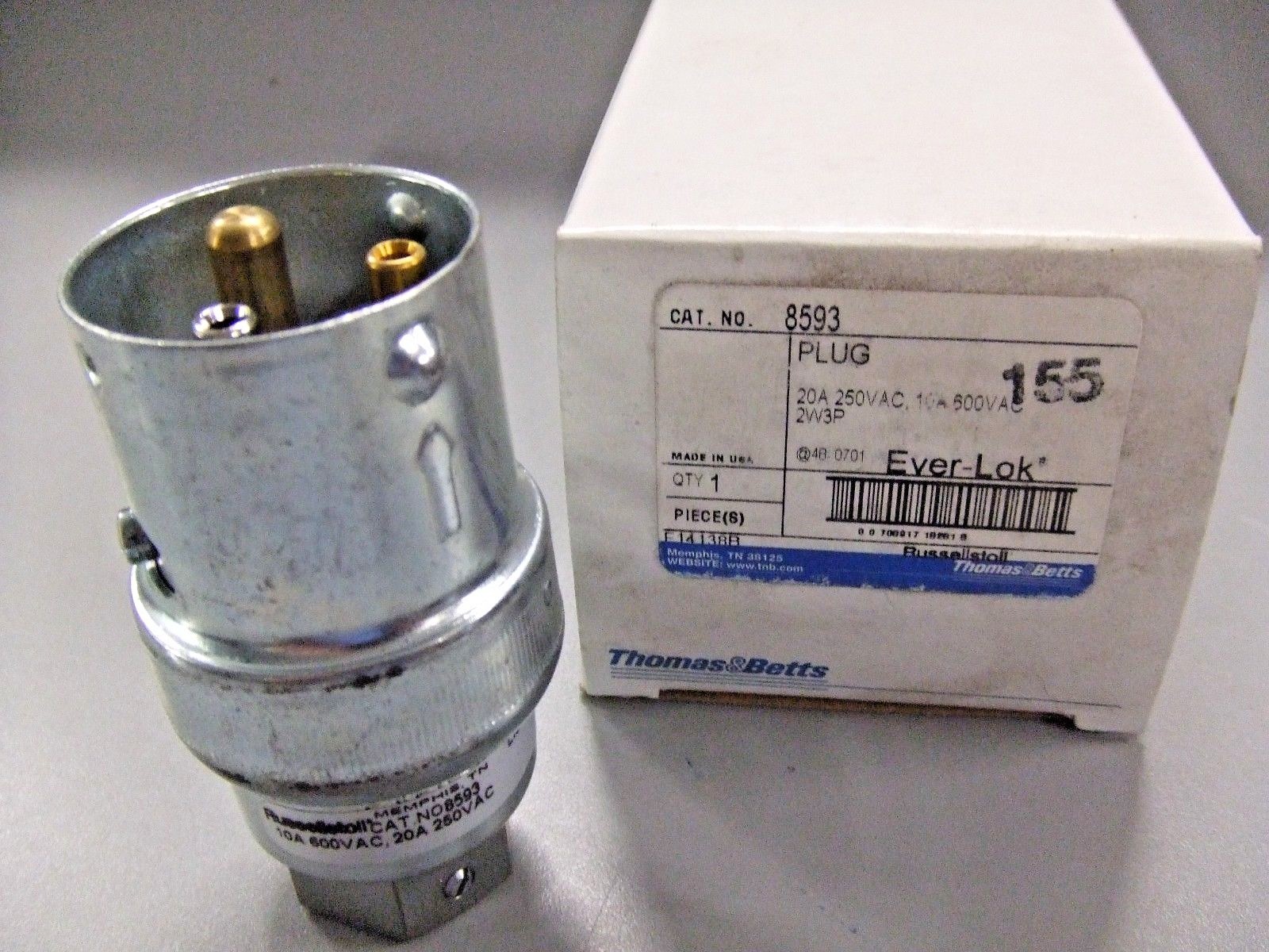 Thomas & Betts 8593 Russellstoll Ever-Lok 2 Pole 3 Wire Plug; 20A 250VAC