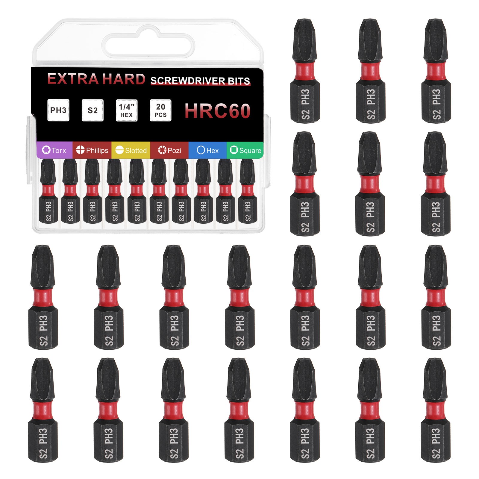 20pcs PH3 Magnetic Phillips Screwdriver Bit 1/4" Hex Shank 25mm Length S2 Steel