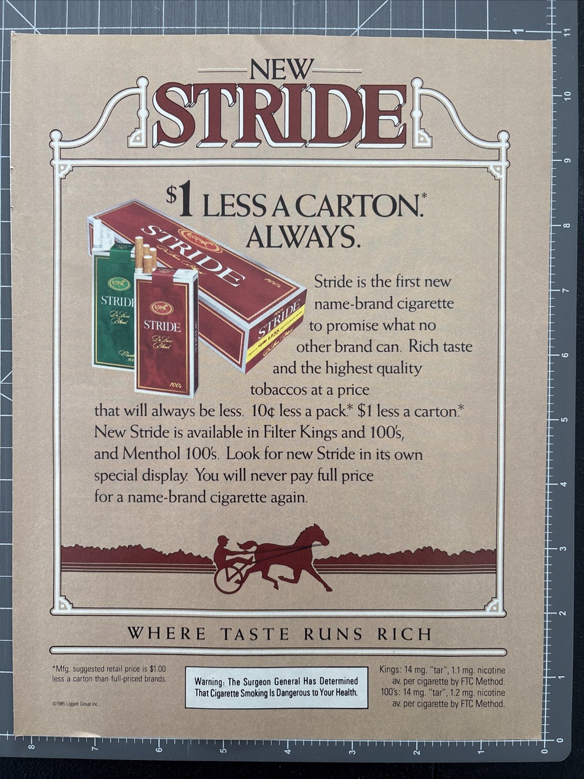 1985 Print Ad New Stride Cigarette Where Taste Runs Rich. Harness Racing