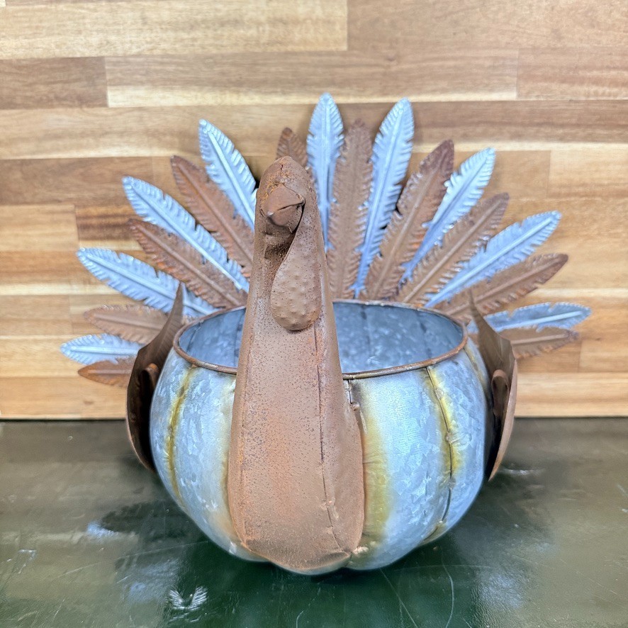 Metal Turkey Planter Rustic Galvanized Fall Harvest Decor 12in Tall