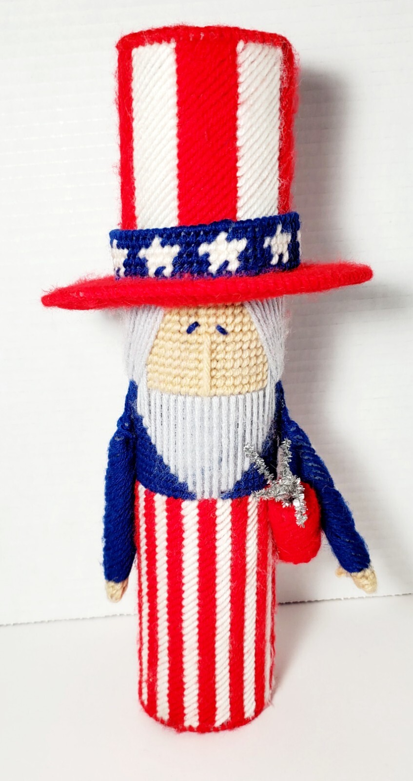 Vintage Finished Handmade Plastic Canvas Uncle Sam 4th Of July 13" CUTE