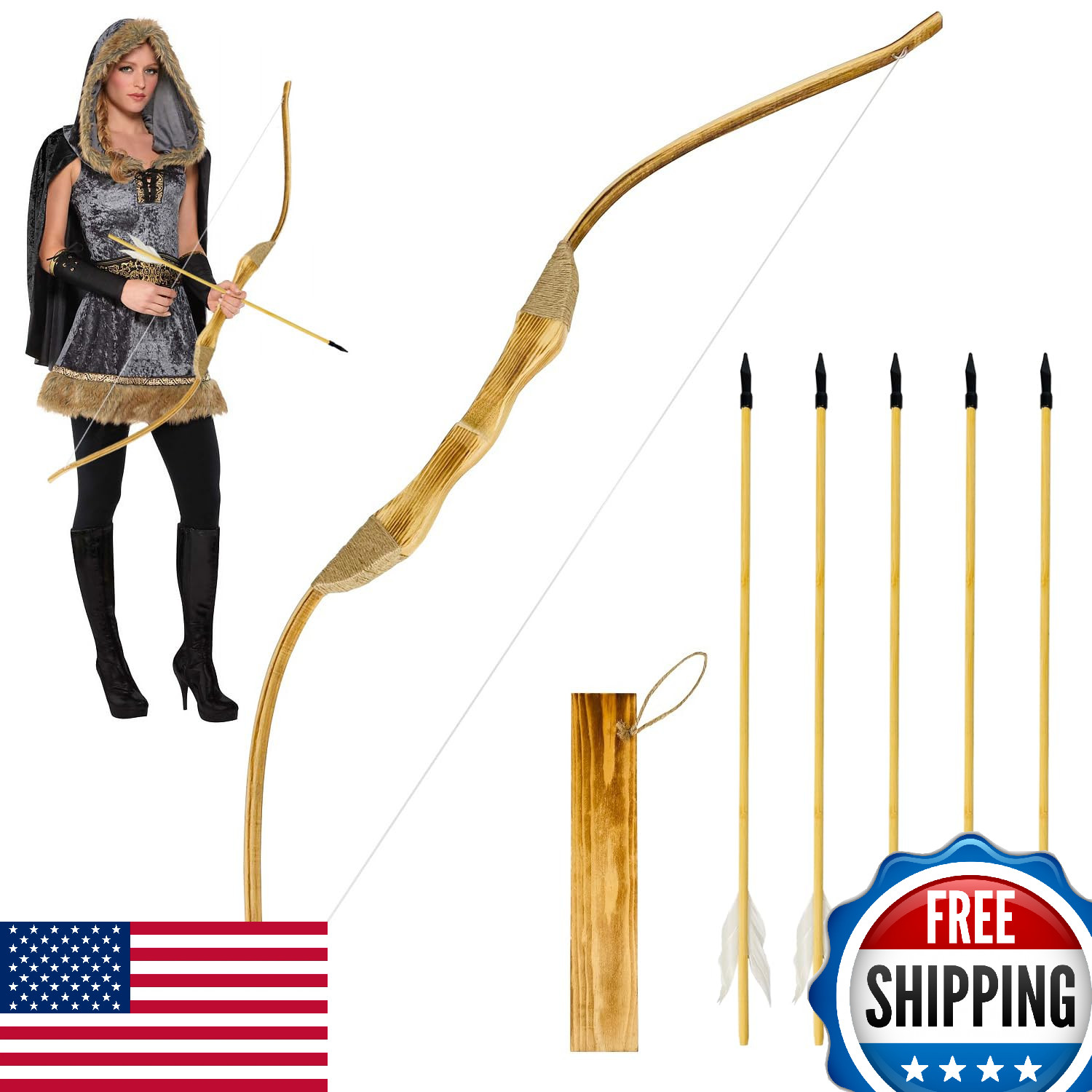 Basbon 40" Handmade Wooden Bow & Arrow Set Kids/Adults Cosplay Archery Toy New