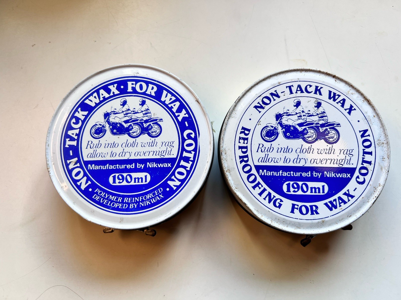 TWO NIKWAX NON-TACK WAX FOR WAX-COTTON 190ml VINTAGE TINS MADE IN ENGLAND