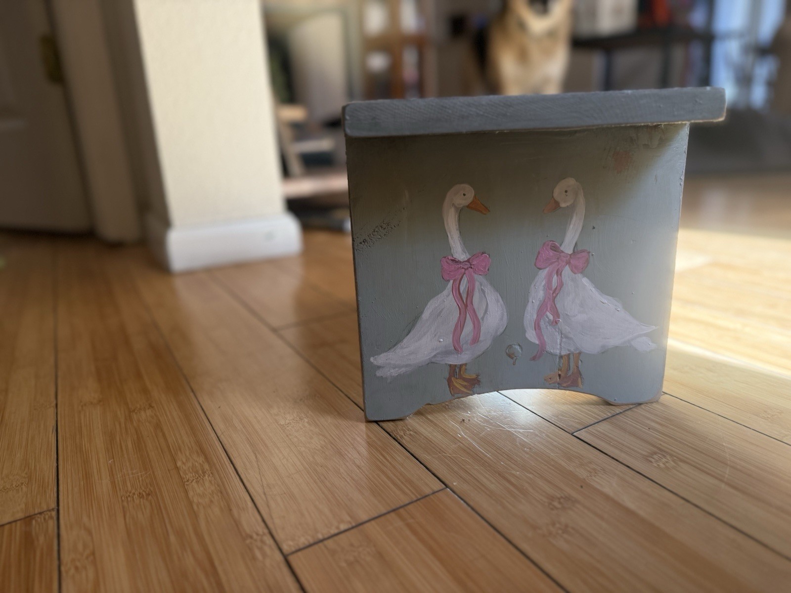 Two Silly Geese Hand Painted Foot Stool Signed by Artist