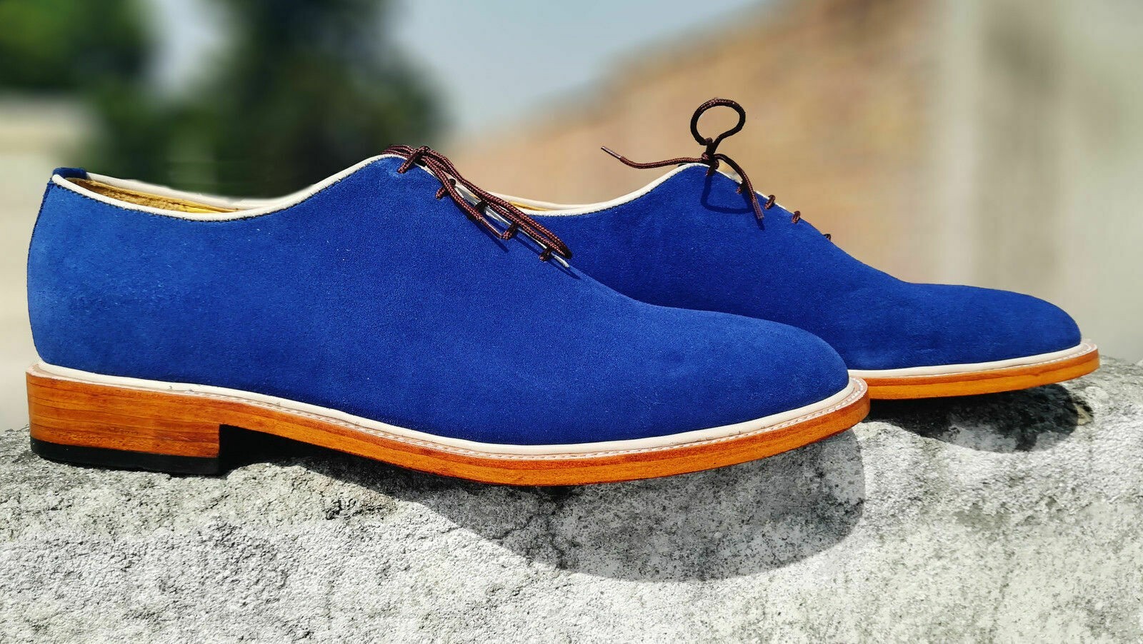 Men's Handmade Genuine Royal Blue Suede Lace Up Formal Casual Formal Shoes, 7-17