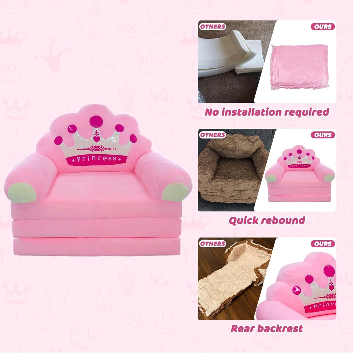 Kids Fold Out Couch, Couch for Toddlers 1-3, 2-in-1 Foldable Pink Crown