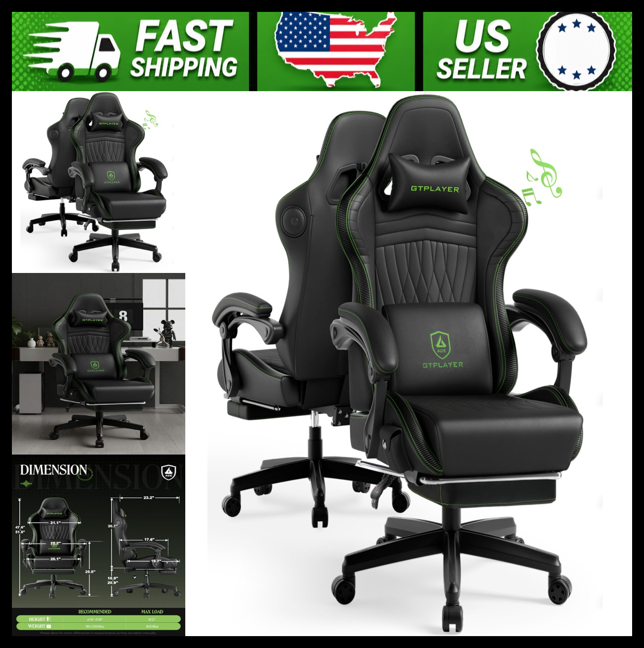 GTPLAYER Music Gaming Chair with Speakers, Bluetooth, Footrest, Black