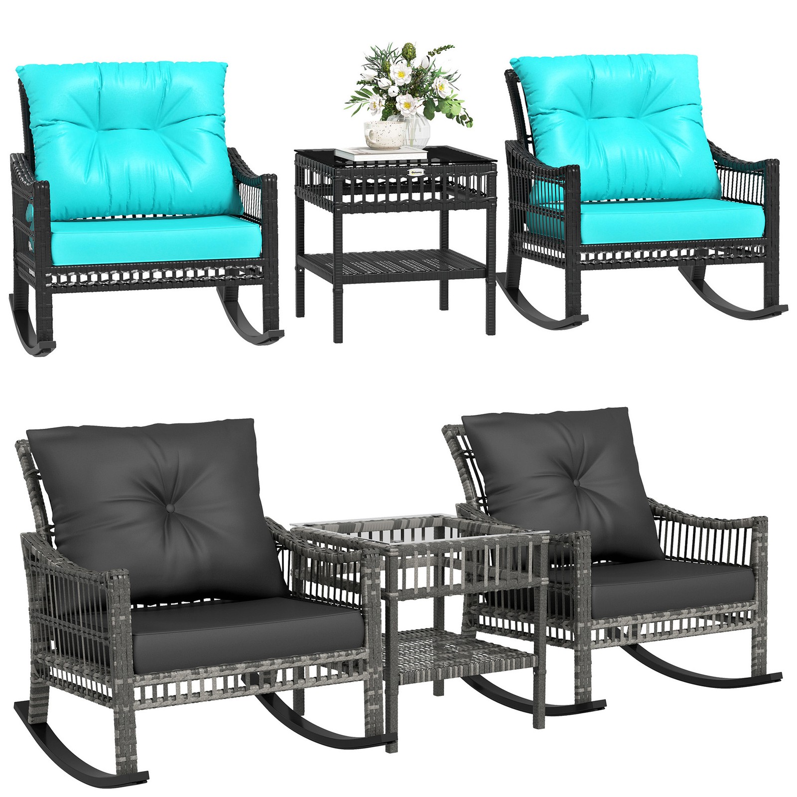 Outsunny 3 Pieces PE Rattan Rocking Chair Set, Outdoor Rocker Chair