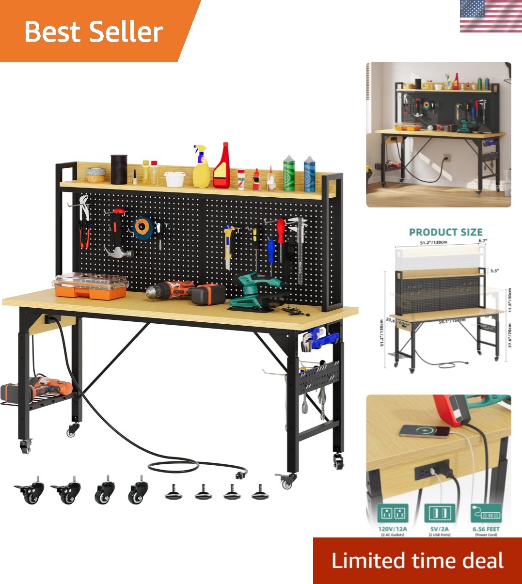 60” Adjustable Heavy-Duty Workbench with Pegboard & Wheels – 1600 LB Capacity