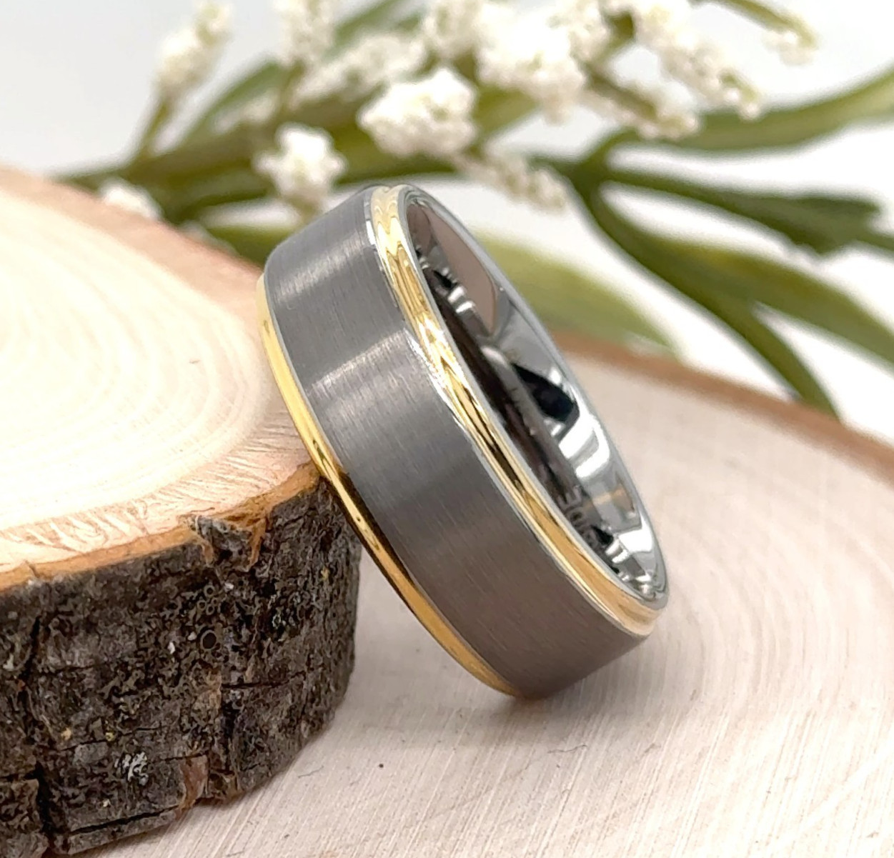 Dual Tone Tungsten 8mm Christmas Ring Brushed Silver & Gold Beveled Edge Band