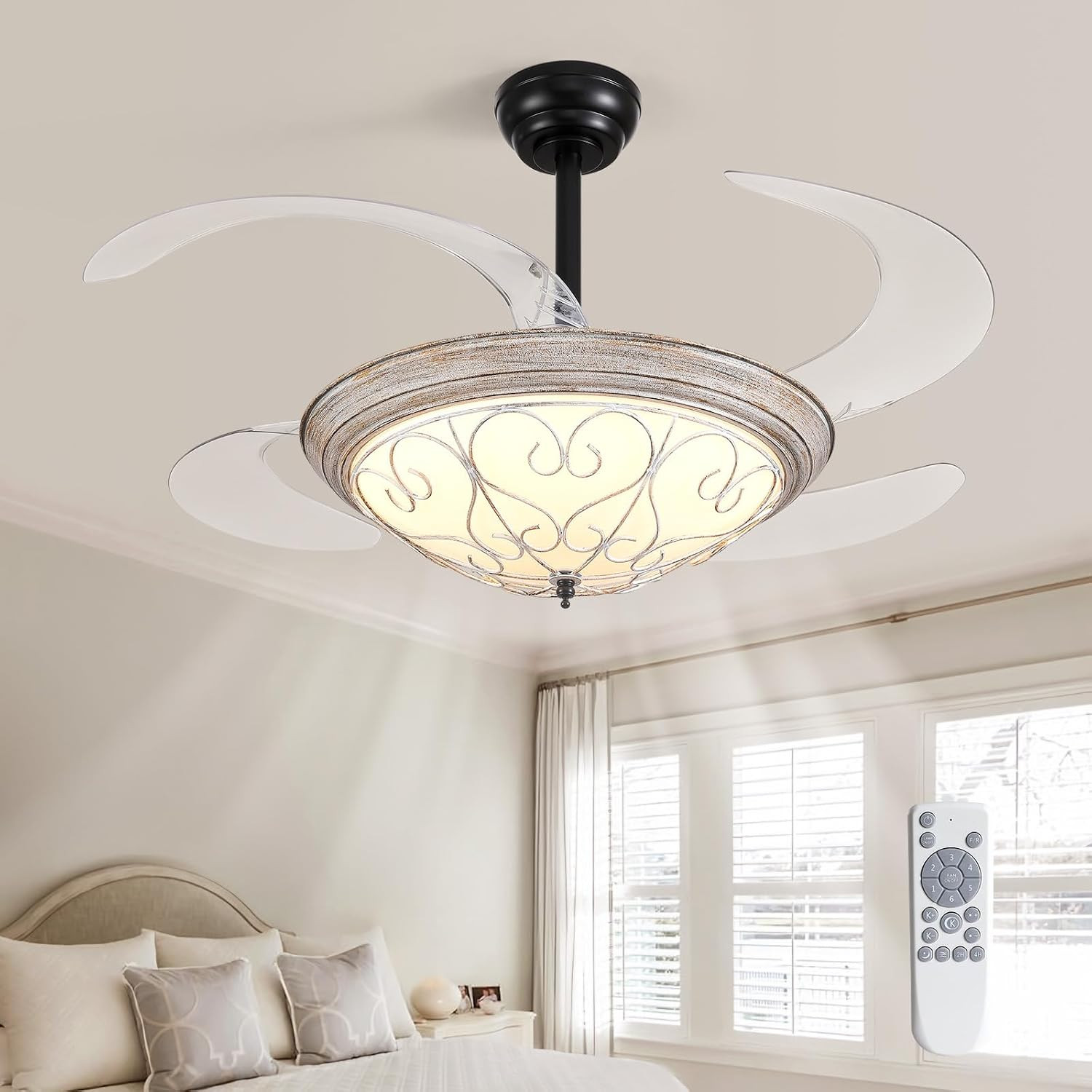Retractable White Ceiling Fan with Lights & Remote, 48'' Farmhouse Fandelier, Di
