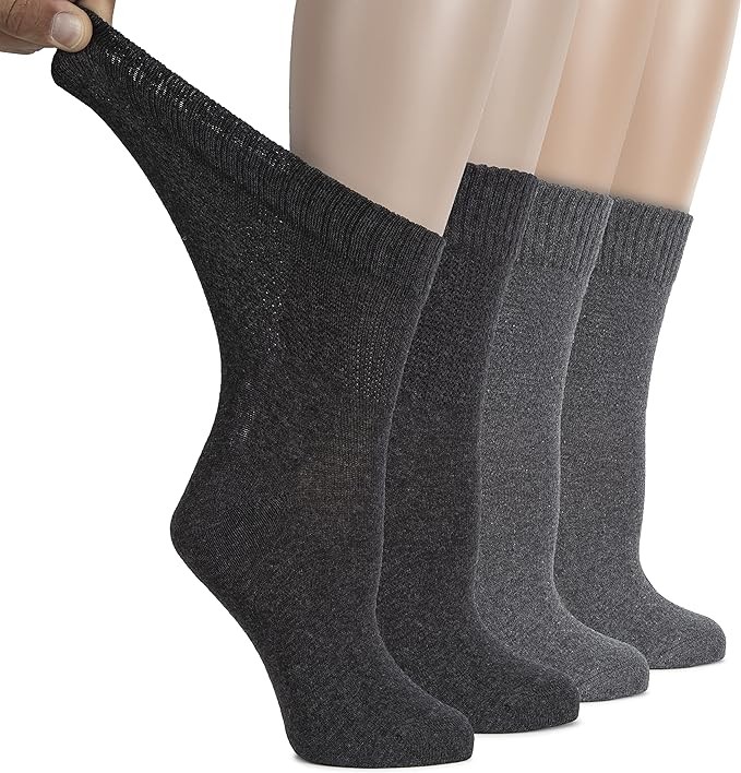Cotton Diabetic Women Socks, Crew, Loose, Wide Stretchy, 4 Pairs, by Hugh Ugoli