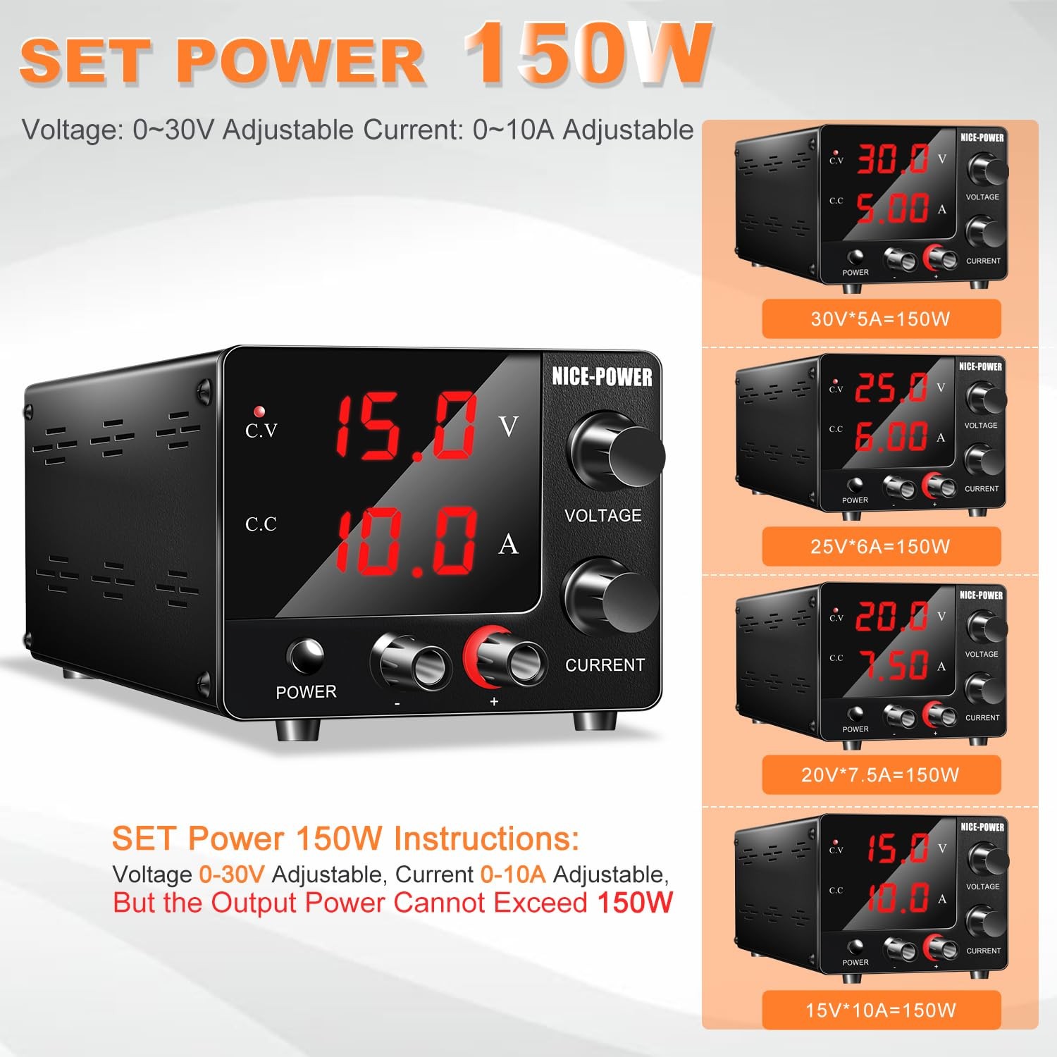 NICE-POWER DC Power Supply Variable 0~30V 0~10A, 3-Digits LED Display...