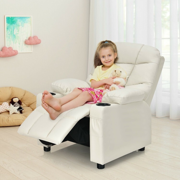 Kids Padded PU Leather Adjustable Recliner Chair W/Cup Holders & Storage Pockets