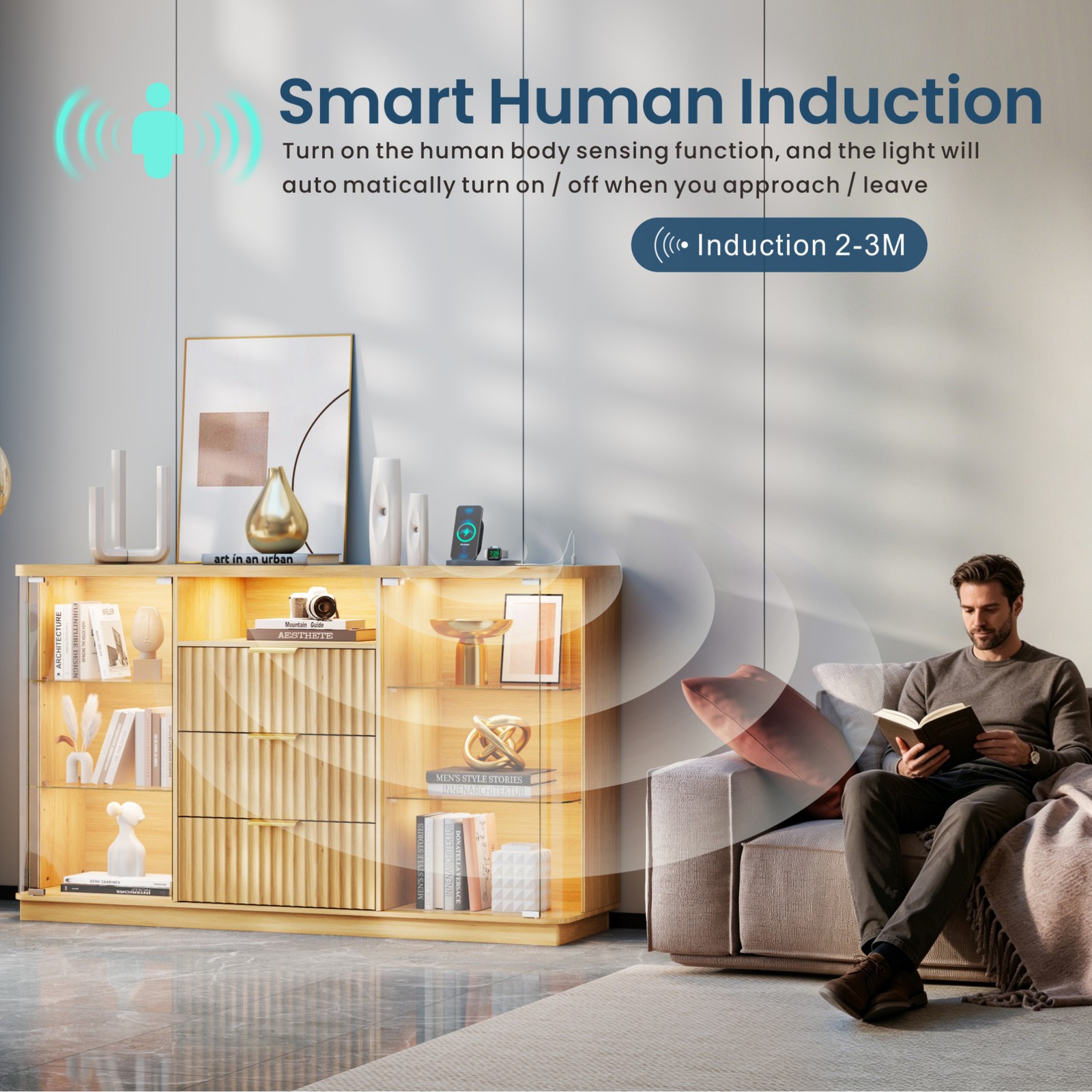 Rounded Display Cabinet with Glass Doors, Curio Cabinet with Human Body Sensor