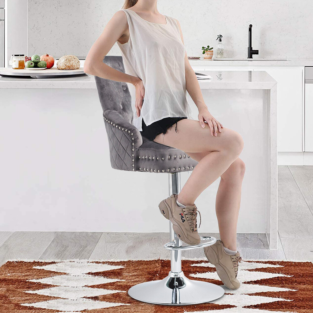 Extra Large Velvet Bar Stool Heavy Duty Adjustable Breakfast Chair w Stable Base