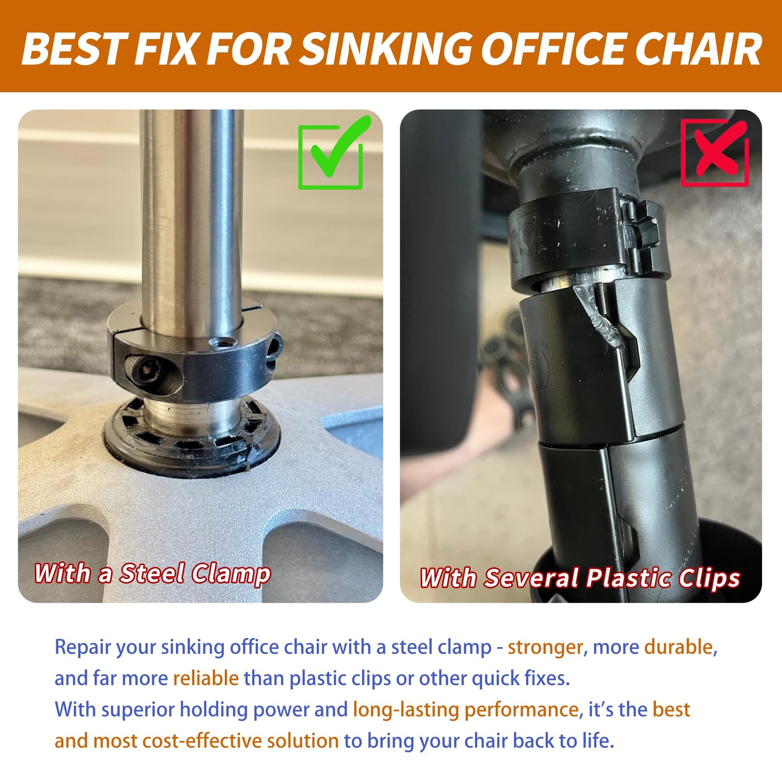 Office Chair Cylinder Clamp Fix Kit – Heavy 25–28 mm / 0.98–1.1 inch, Black
