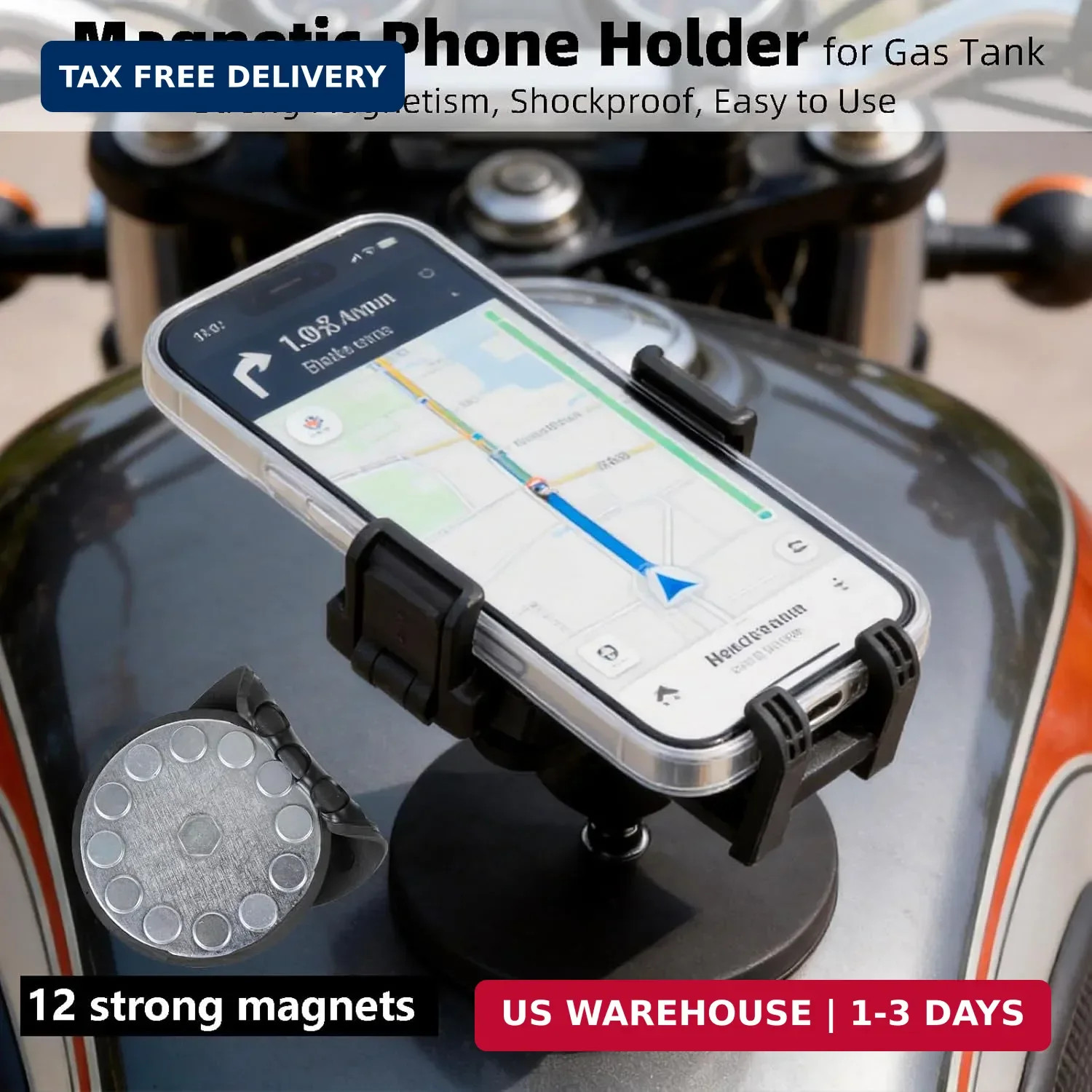 Magnetic Motorcycle Phone Mount: 88 lb Strong Magnetic Pull for Gas Tank, Heavy-