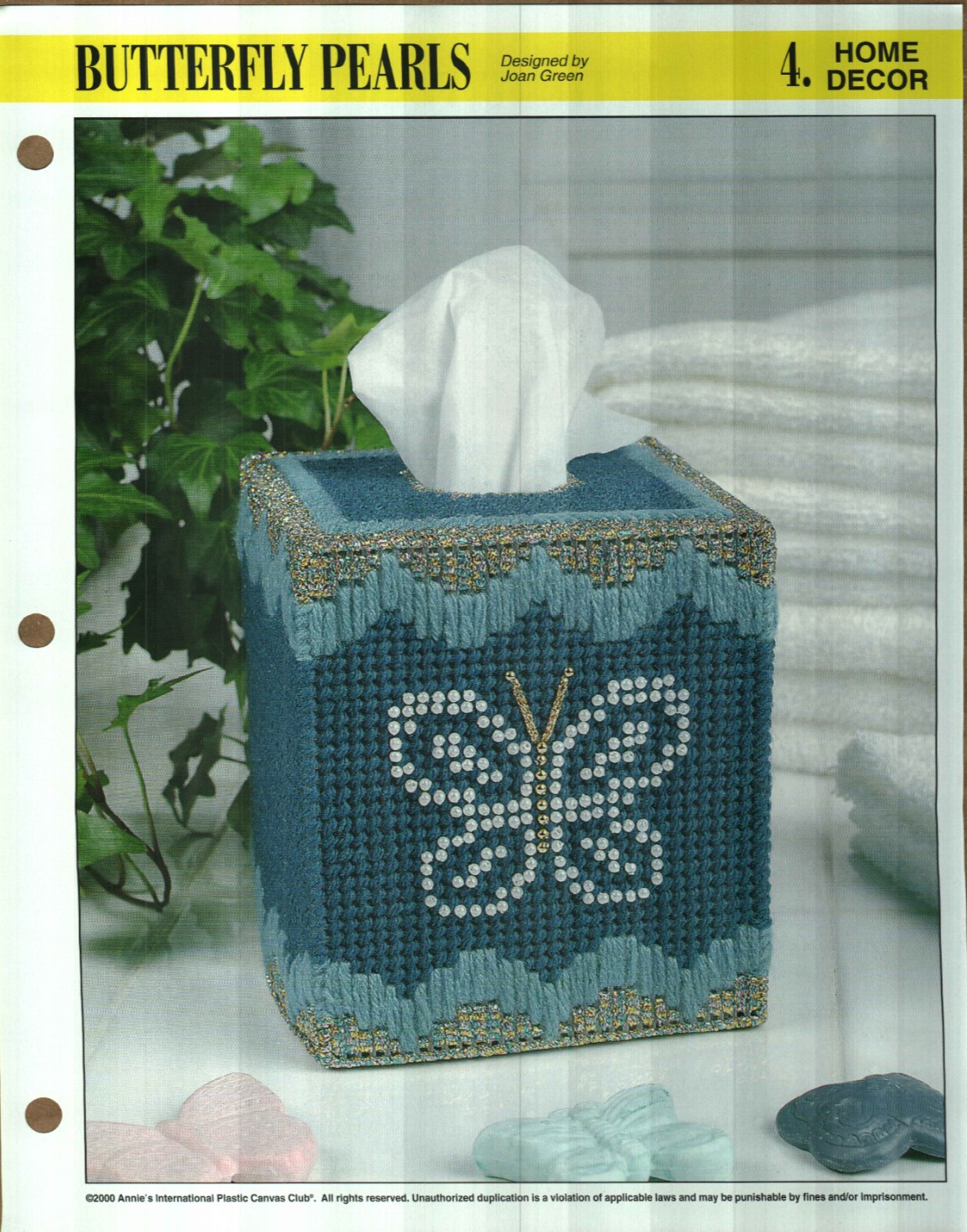 NEW BUTTERFLY PEARLS TISSUE COVER ANNIE'S PLASTIC CANVAS PATTERN INSTRUCTIONS
