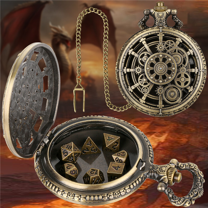 Tiny RPG Dice Set with Gear Pocket Watch Shell Polyhedral Metal Dices Xmas Gifts
