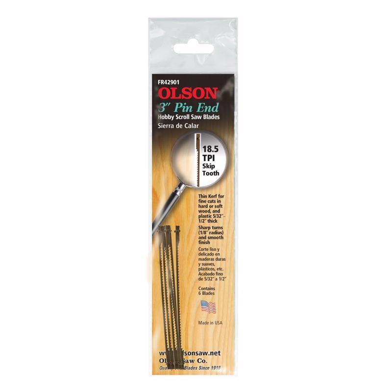 Olson 42901 3 in. 18.5 TPI Pin End Scroll Saw Blades for Wood and Plastics