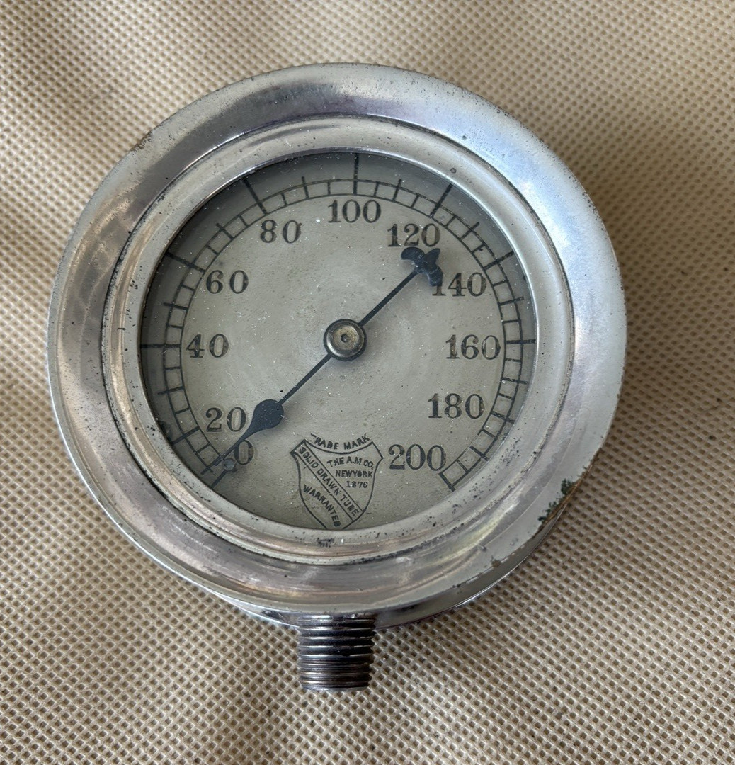 ASHTON STEAM GAUGE 200 LB. 3-5/8" BEZEL NICKEL PLATED  NEW YORK 1876 AUTO?