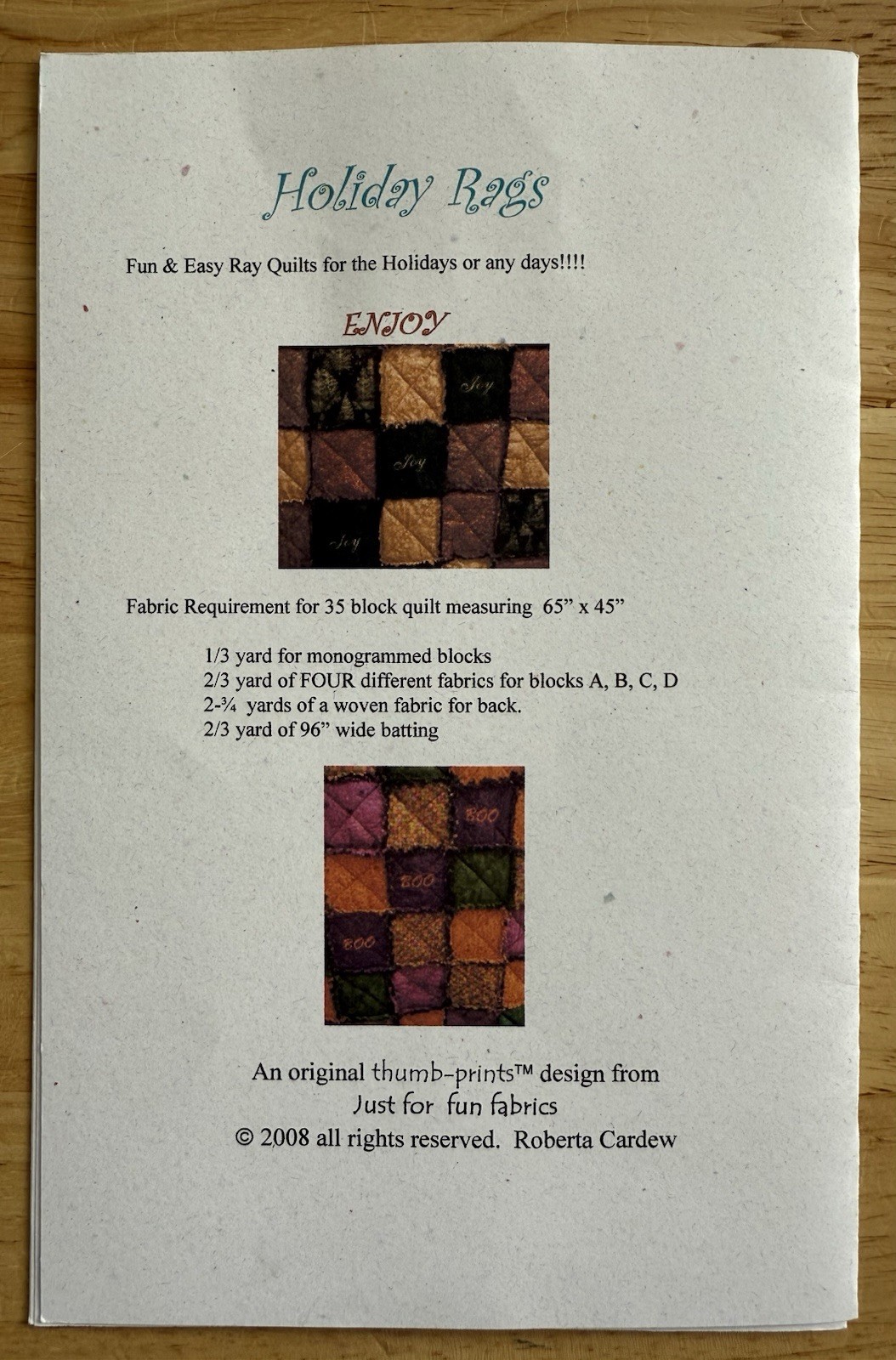 Holiday Rags Fun & Easy Rag Quilts Pattern By Just For Fun Fabrics 65”x45”