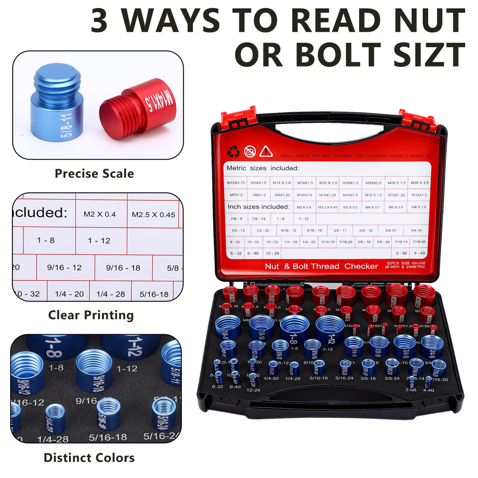 52pcs Inch & Metric Set Nut & Bolt Thread Checker Identifier Thread Gauges Box