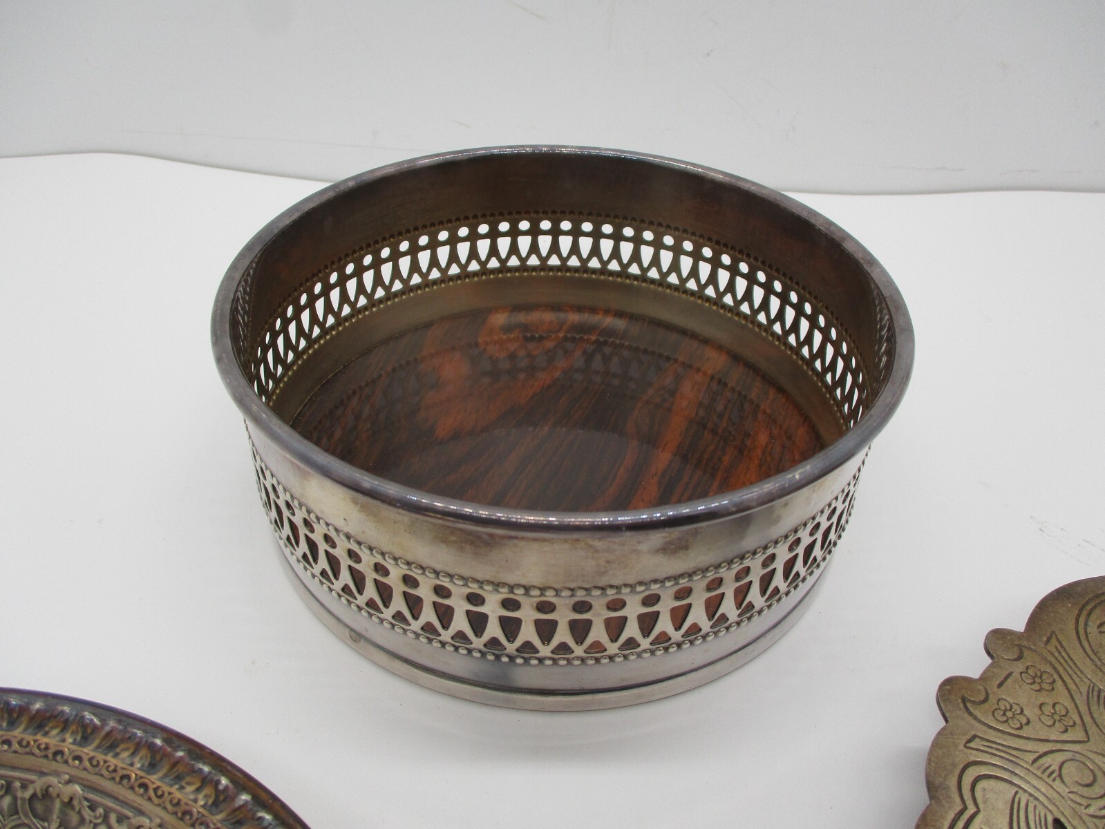 Some Silverplate Stuff, Trivet, Bowl, Wine Bottle Holder?
