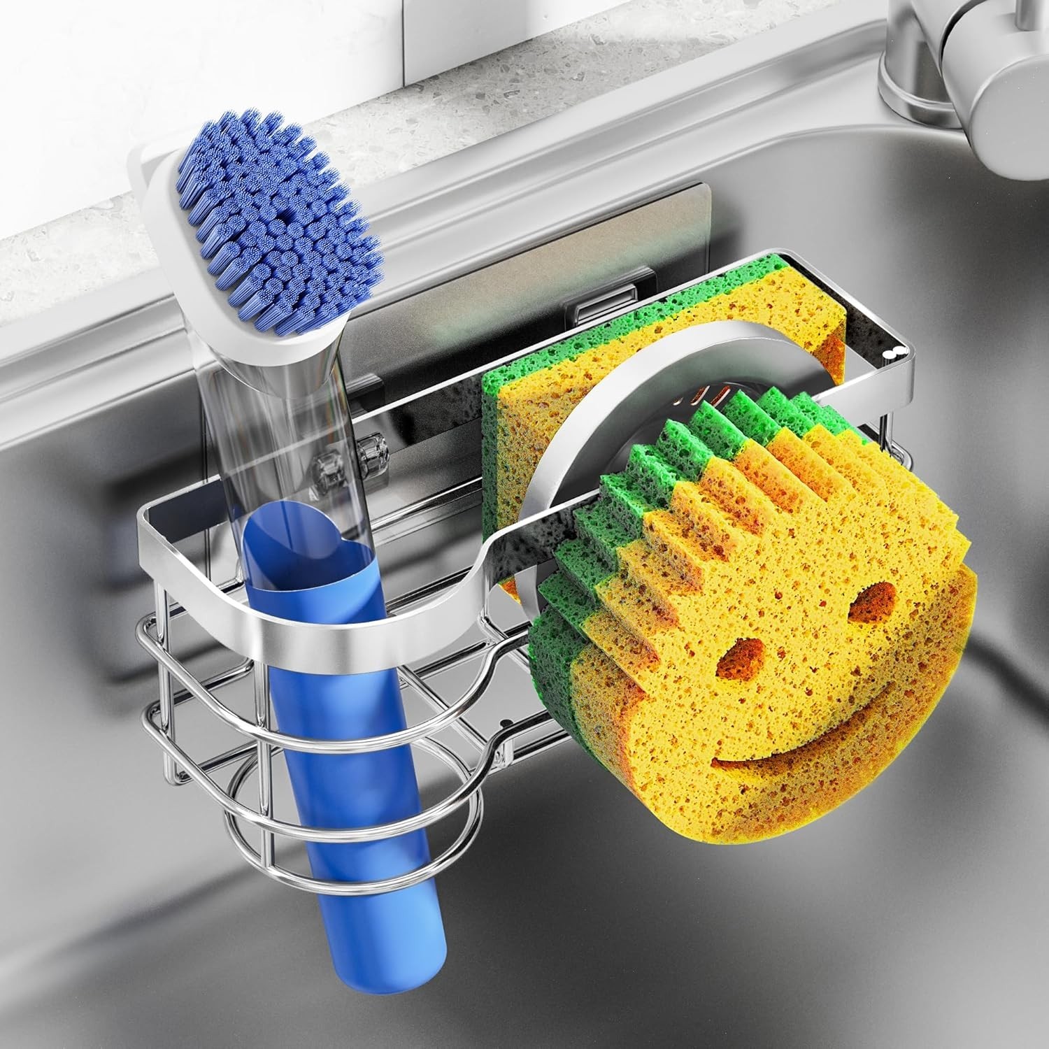 Cisily Sink Caddy Sponge Holder Stainless Steel Suction Kitchen Organizer
