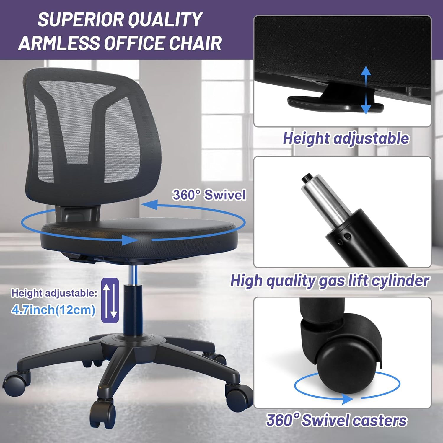 Armless Mid-Back Small Swivel Adjustable Computer Desk Office Chair without Armr
