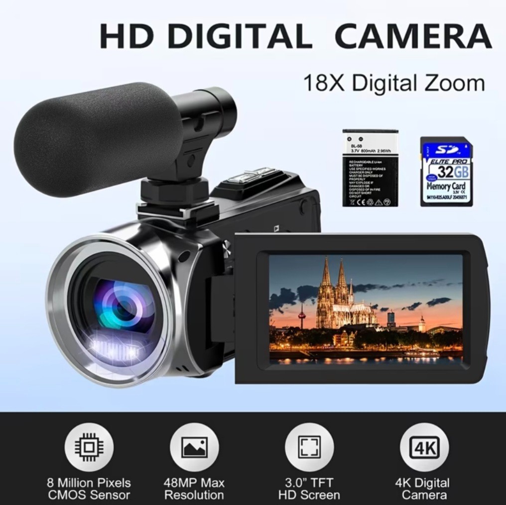 Digital Camera Recorder 4k 48MP 7.62cm 270 Degree Rotation 18X Zoom 32GB SD car