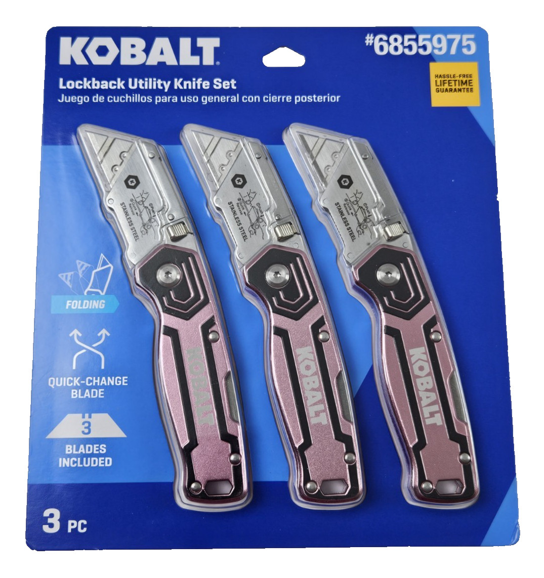 Kobalt 3 pc. Lockback Quick-Change Utility Knife Set - Pink Aluminum Handle