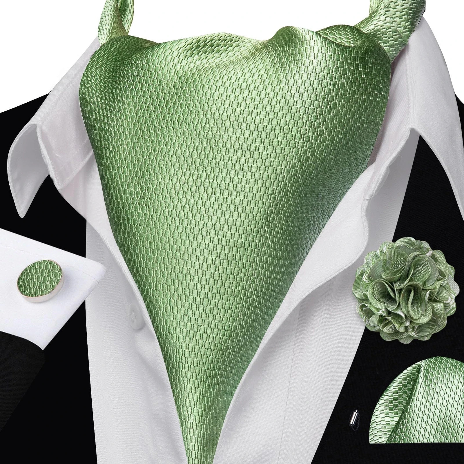 Mens Ascot Tie Cravat Set Green Paisley Scarf Neckties Pocket Square Cufflink...