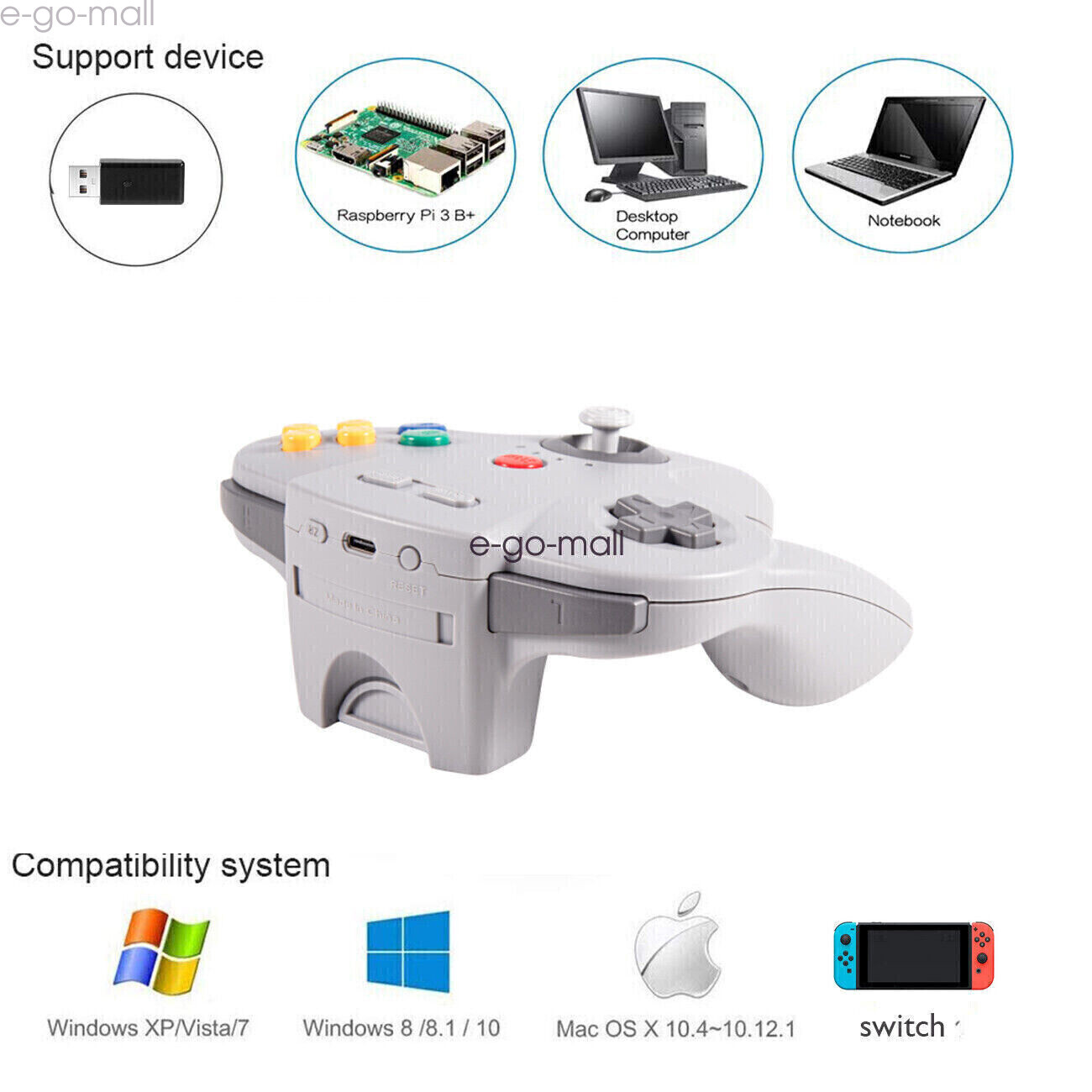 2.4G Wireless Switch Controller for Nintendo 64/Switch/PC Mac Window Rumble Pak