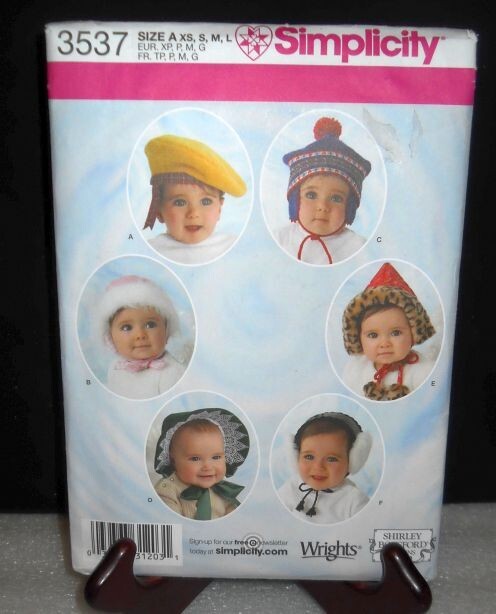 Simplicity Pattern 3537 Babies and Toddlers Hats in 4 Sizes