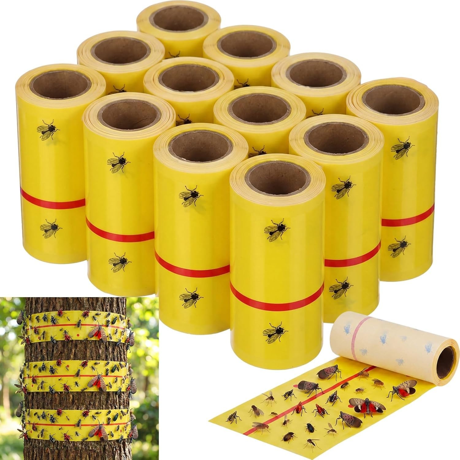 Yellow & Red Spotted Lantern Fly Traps - Durable 12 Rolls for Insect Control